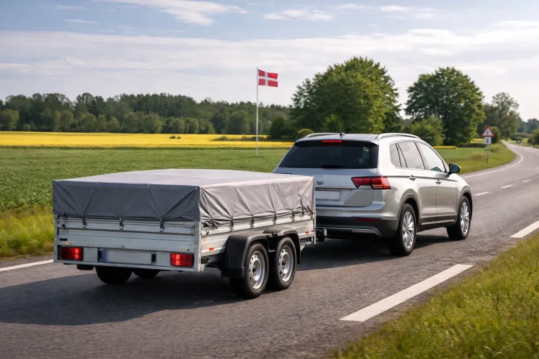 Billede af en bil på danske veje med trailerpåhæng.