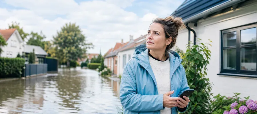 Regnvand oversvømmer villahave under skybrud, relevant for husforsikring og dækning af skybrudsskader