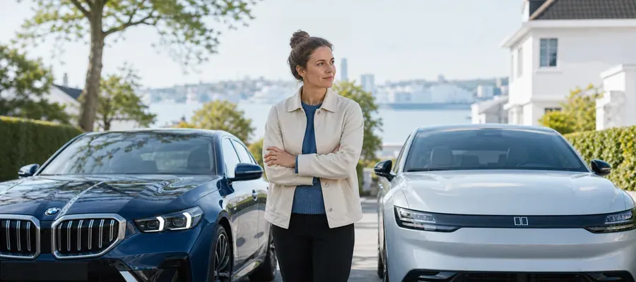 Sikkerhedstestet bil parkeret foran forsikringsselskab, symbol på lavere pris på bilforsikring