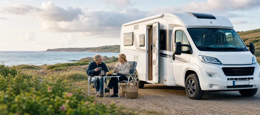 Autocamper parkeret ved campingplads – autocamper forsikring dækker køretøjet på rejsen og derhjemme