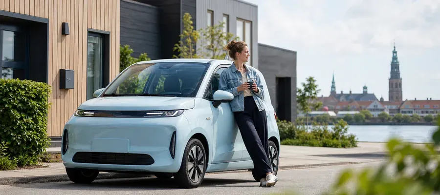 Lille kinesisk elbil parkeret i bybillede – illustrerer bilforsikring til minibiler i 2026